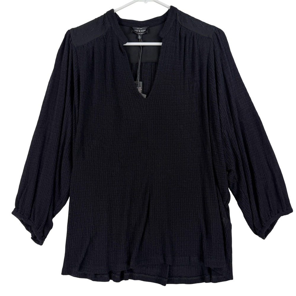 Lucky Brand Blouse‎ Womens Medium Black Embroidered V Neck Boho Tunic Top Knit